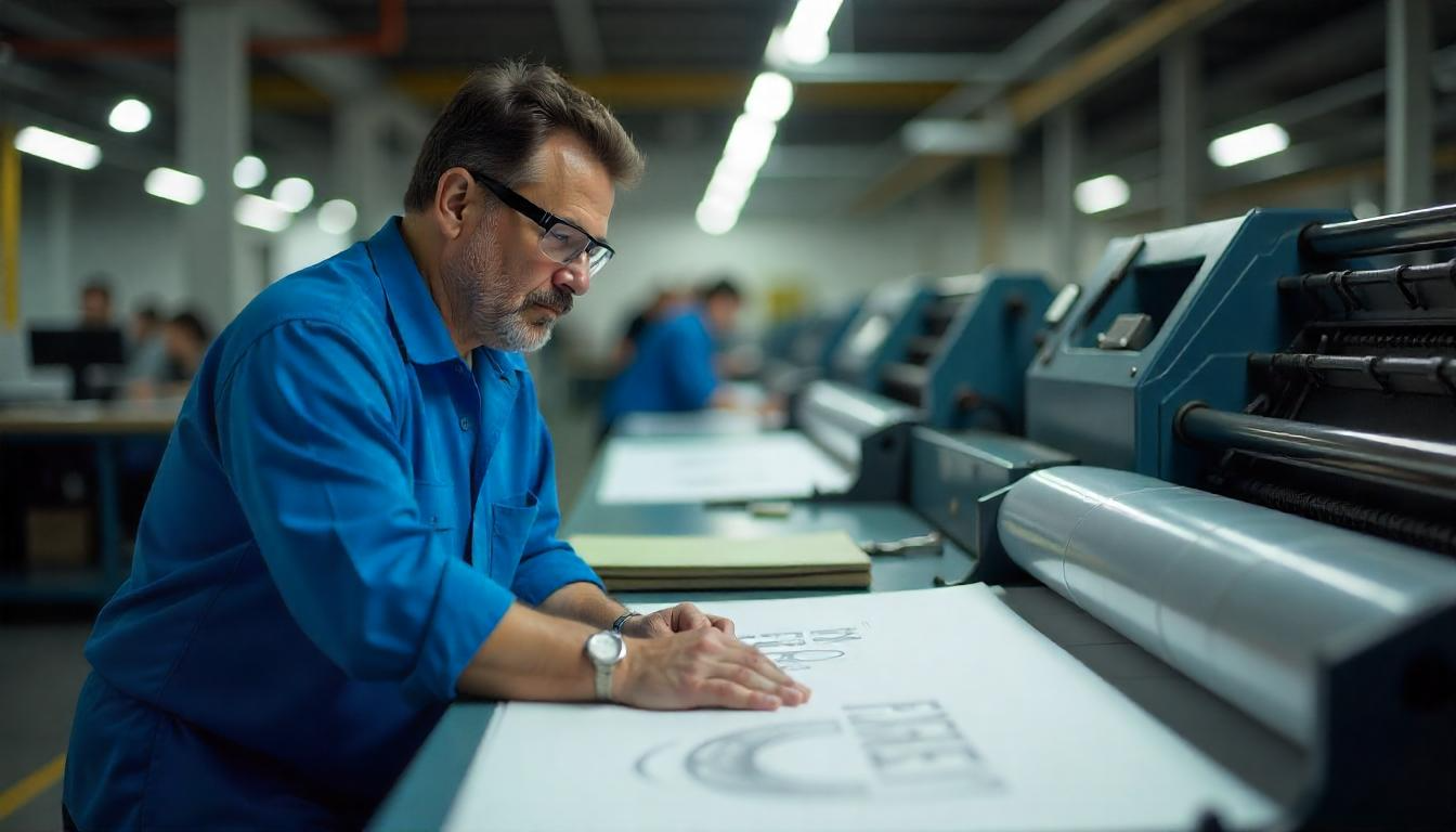 Professional print operator inspecting quality at commercial printing press in Moore Printing facility