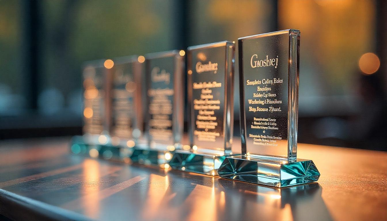 Custom engraved glass and crystal awards with elegant teal bases displayed in a row